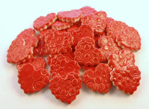 15 handmade embossed neon red heart tiles