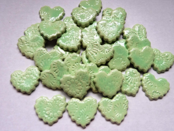 15 handmade embossed sea foam green heart tiles
