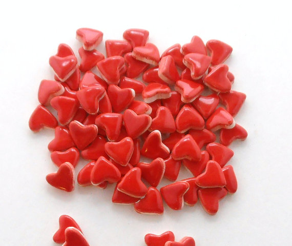 50 handmade neon red heart tiles
