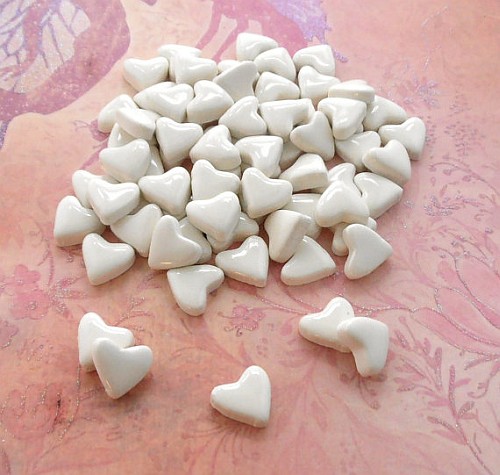 50 handmade glossy white small ceramic heart tiles