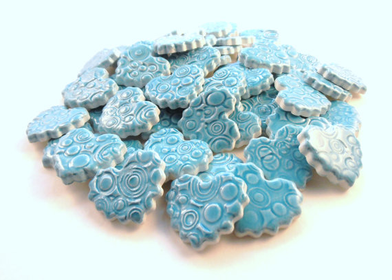 15 handmade embossed carribbean blue heart tiles