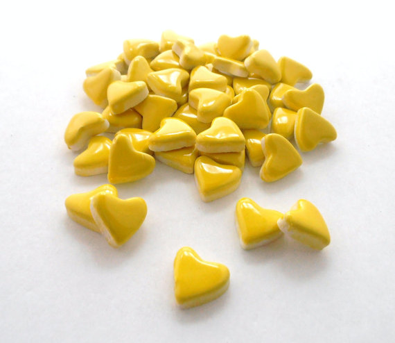 50 handmade neon yellow heart tiles