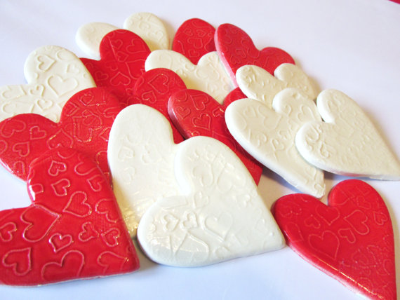 6 handmade embossed white and red heart tiles