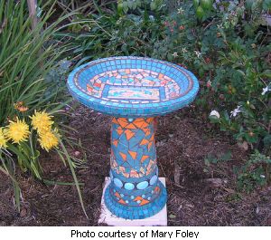 Mary's mosaic tile birdbath.
