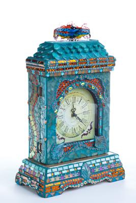 Mosaic wooden clock box, front view